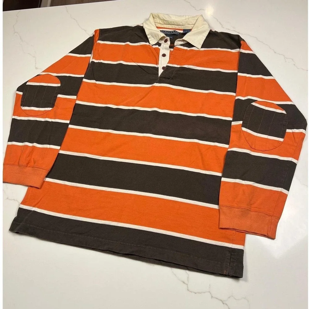 Cactus Rugby Shirt Mens Large Orange Brown Striped Elbow Patch American Fit